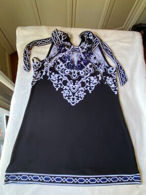 White House Black Market Halter Top Black Blue White Print Size Small